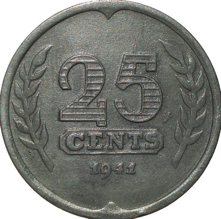 Nederland 25 cent 1941 (zink), Postzegels en Munten, Munten | Nederland, Losse munt, 25 cent, Koningin Wilhelmina, Ophalen of Verzenden