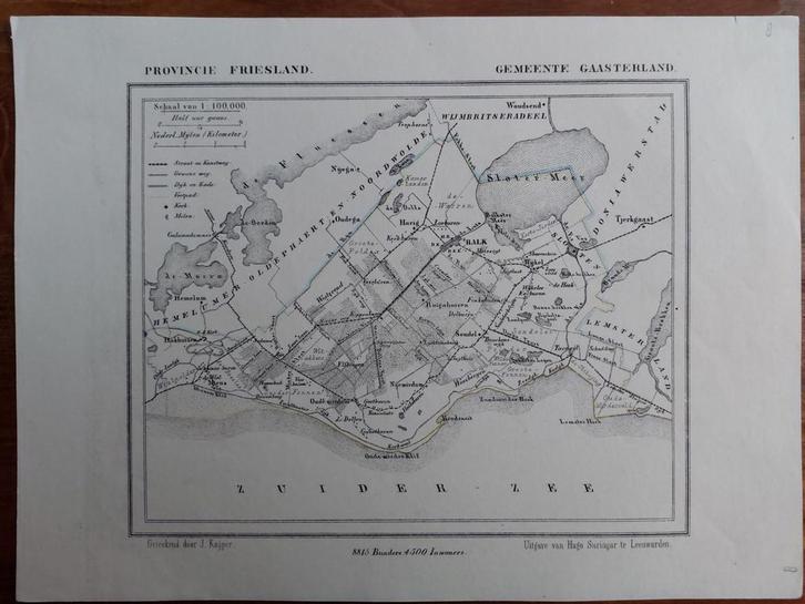 8 / Gaasterland Slotermeer Oudega Balk Litho J. Kuyper 1865, Antiek en Kunst, Kunst | Litho's en Zeefdrukken, Ophalen of Verzenden