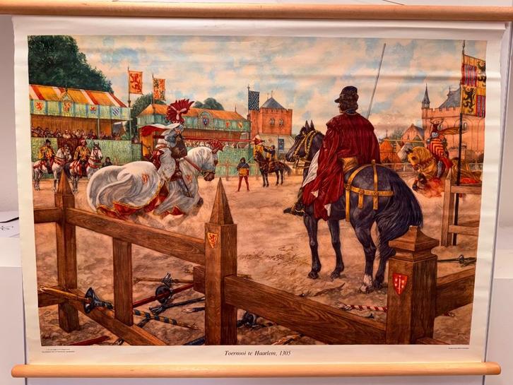 Historische schoolplaat Toernooi Haarlem 1305, Antiek en Kunst, Antiek | Schoolplaten, Geschiedenis, Ophalen of Verzenden