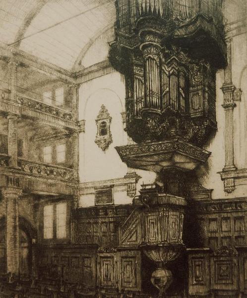 Ets Jan Poortenaar Kerkinterieur Rode Hoed Amsterdam 1946, Antiek en Kunst, Kunst | Etsen en Gravures, Ophalen of Verzenden