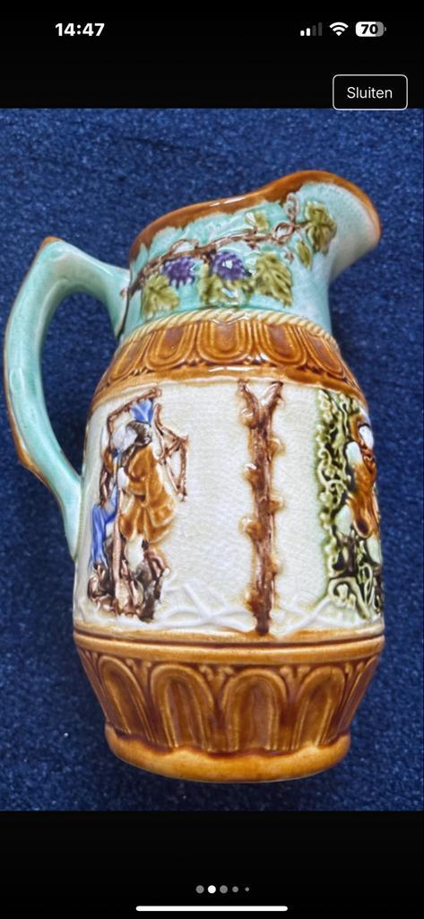 Antieke Barbotine Majolica Kan - 19e Eeuw, Antiek en Kunst, Antiek | Keramiek en Aardewerk, Ophalen of Verzenden