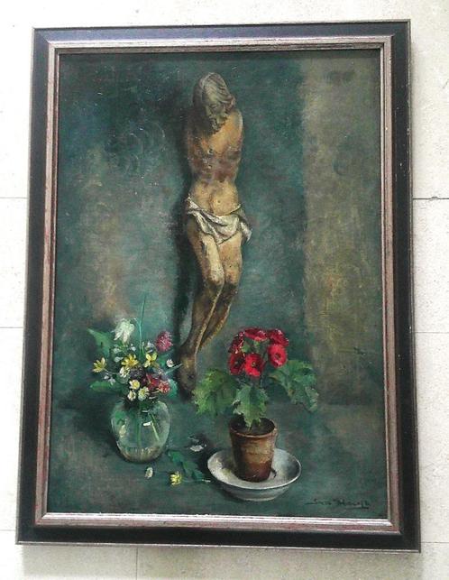 bloemen, plantje en Jezusbeeld - Ina Hooft 1894-1994, Antiek en Kunst, Kunst | Schilderijen | Klassiek, Ophalen of Verzenden