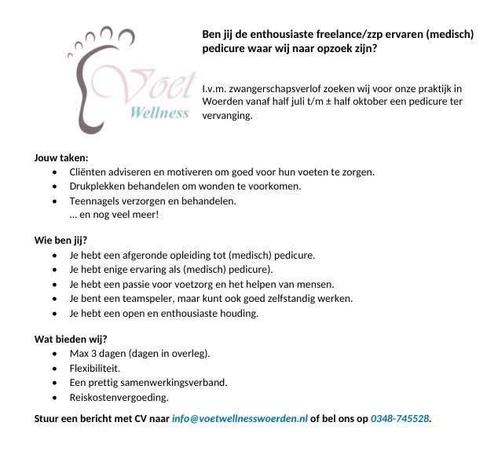 Pedicure gezocht! Van juli t/m oktober 2025, Vacatures, Vacatures | Uiterlijke verzorging
