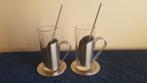2 theeglazen met rvs houders, lepeltjes en onderzetters, Verzenden
