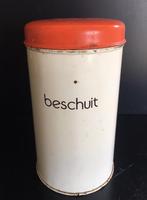 Oud vintage beschuit blik h/d 20,5/11cm beige/oranje deksel, Ophalen of Verzenden, Gebruikt, Beschuit, Overige merken