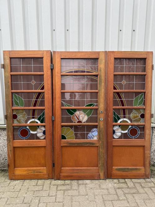 Prachtig drieluik met glas in lood, Doe-het-zelf en Verbouw, Deuren en Horren, Zo goed als nieuw, Binnendeur, 200 tot 215 cm, 120 cm of meer