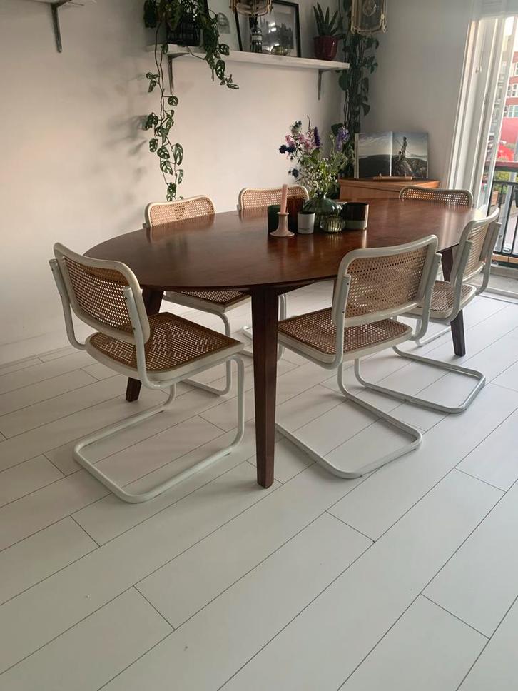 Vier buisframe Cesca webbing stoelen, Huis en Inrichting, Stoelen, Gebruikt, Vier, Metaal, Bruin, Ophalen