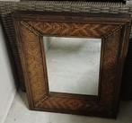 Vintage houten spiegel met geweven rotan/bamboe lijst, Ophalen, Rechthoekig, 50 tot 100 cm