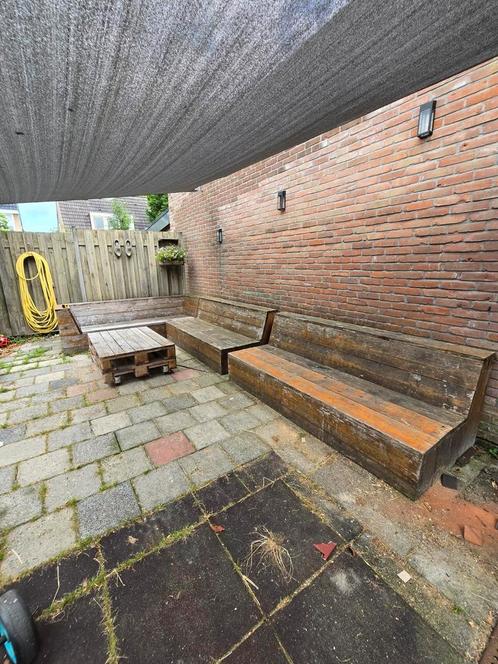 Steigerhouten loungebank (3-delig) met Madison kussens, Tuin en Terras, Tuinsets en Loungesets, Gebruikt, Steigerhout, Bank, Ophalen