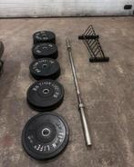 150kg Titan Bumperplates + Opbergrek en Olympische Barbell, Sport en Fitness, Fitnessmaterialen, Ophalen, Gebruikt, Halterschijven