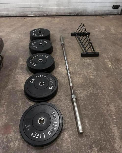 150kg Titan Bumperplates + Opbergrek en Olympische Barbell, Sport en Fitness, Fitnessmaterialen, Gebruikt, Halterschijven, Ophalen