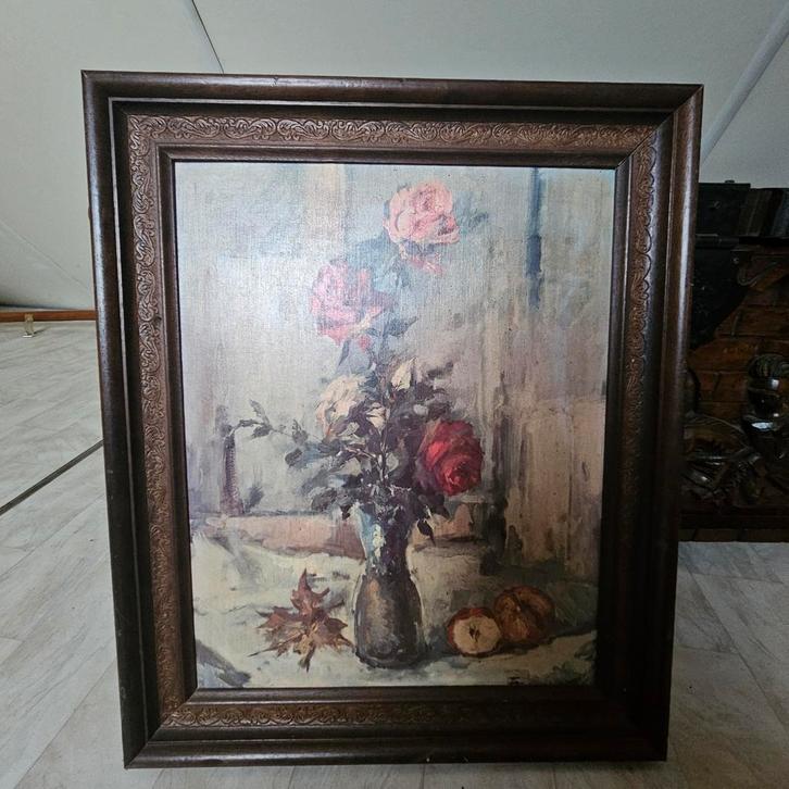 Stilleven Schilderij - Bloemen en Fruit - 60x50 cm, Antiek en Kunst, Kunst | Schilderijen | Klassiek, Ophalen of Verzenden