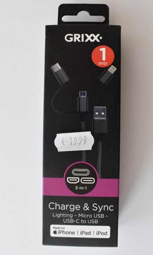 GRIXX 3 IN ÉÉN KABEL, Telecommunicatie, Mobiele telefoons | Telefoon-opladers, Nieuw, Ophalen of Verzenden