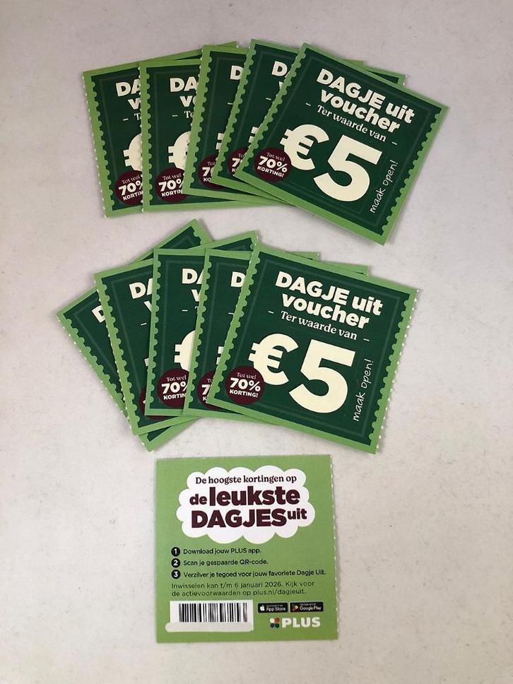 11 DAGJE uit vouchers - Plus - 5 euro korting - Nieuw , Tickets en Kaartjes, Kortingen en Cadeaubonnen, Drie personen of meer