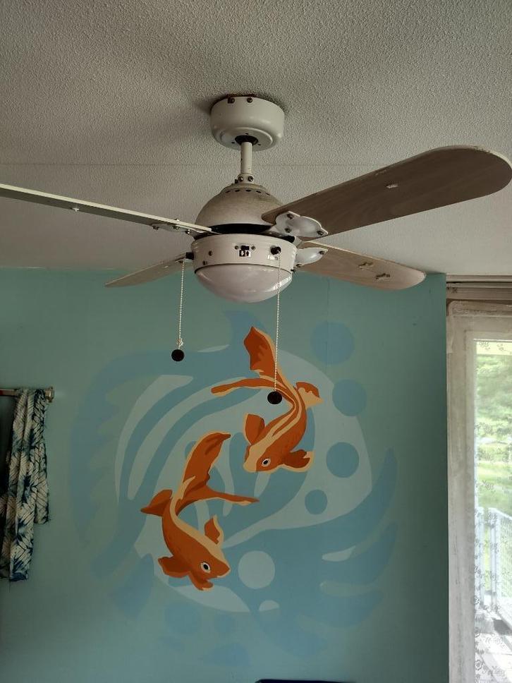 plafondventilator met lamp, Huis en Inrichting, Lampen | Plafondlampen, Gebruikt, Glas, Hout, Metaal, Ophalen of Verzenden