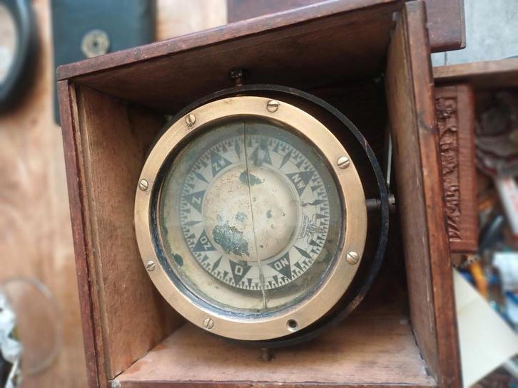 Antiek observato scheepskompas Rotterdam  in kist, Watersport en Boten, Navigatiemiddelen en Scheepselektronica, Zo goed als nieuw