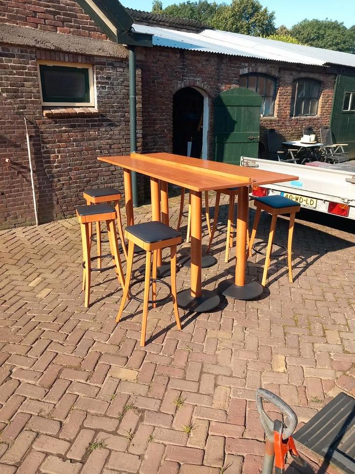 Houten Bar Tafel met 6 Barkrukken - Beuken, Huis en Inrichting, Barkrukken, Gebruikt, 90 cm of meer, Hout, Metaal, 5 krukken of meer