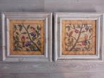 2 vintage schilderijen met vogelprint in white wash lijsten, Huis en Inrichting, Woonaccessoires | Schilderijen, Tekeningen en Foto's