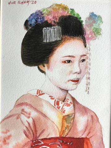 Aquarel Geisha geschilderd door Nurilham beschikbaar voor biedingen