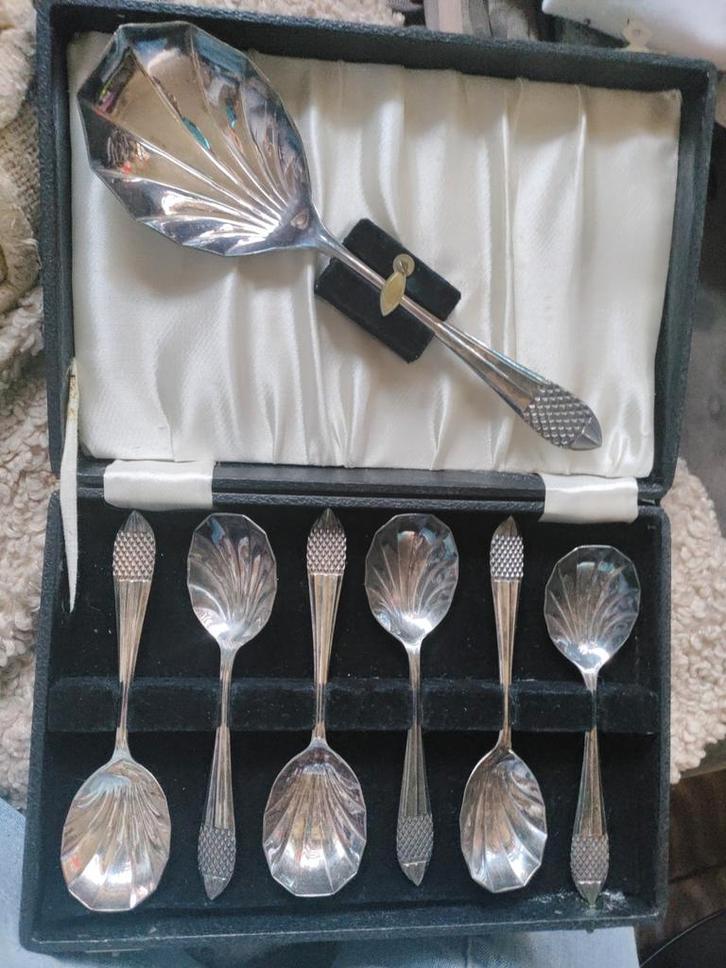 Vintage EPNS schelplepeltjes set met serveerlepel, Antiek en Kunst, Antiek | Bestek, Ophalen of Verzenden