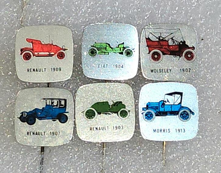 6 Speldjes Oude Auto's - Renault, Fiat, Wolseley, Morris, Verzamelen, Speldjes, Pins en Buttons, Gebruikt, Speldje of Pin, Transport
