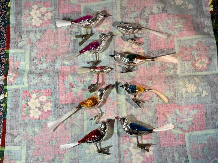 9 stuks oude glazen vogeltjes op knijper, Diversen, Kerst, Gebruikt, Ophalen of Verzenden