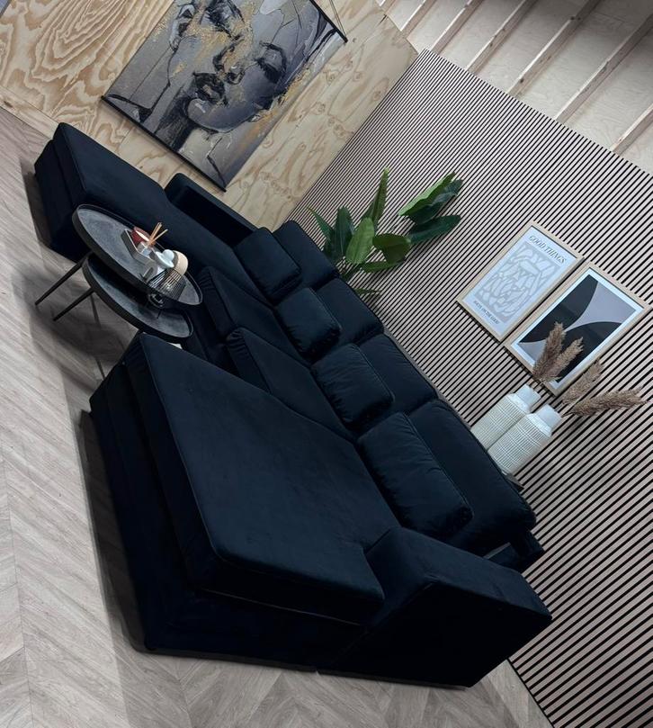 ZGAN ACTIE‼️Velvet Velours U-Bank / Hoekbank - Zwart - 378cm, Huis en Inrichting, Banken | Bankstellen, Zo goed als nieuw, Hoekbank