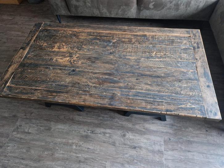 Salontafel hout met stalen onderstel - 80x150cm, Huis en Inrichting, Tafels | Salontafels, Gebruikt, Minder dan 50 cm, 50 tot 100 cm