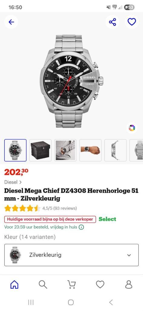 diesel horloge dz4308 10bar, Sieraden, Tassen en Uiterlijk, Horloges | Heren, Gebruikt, Polshorloge, Overige merken, Staal, Staal