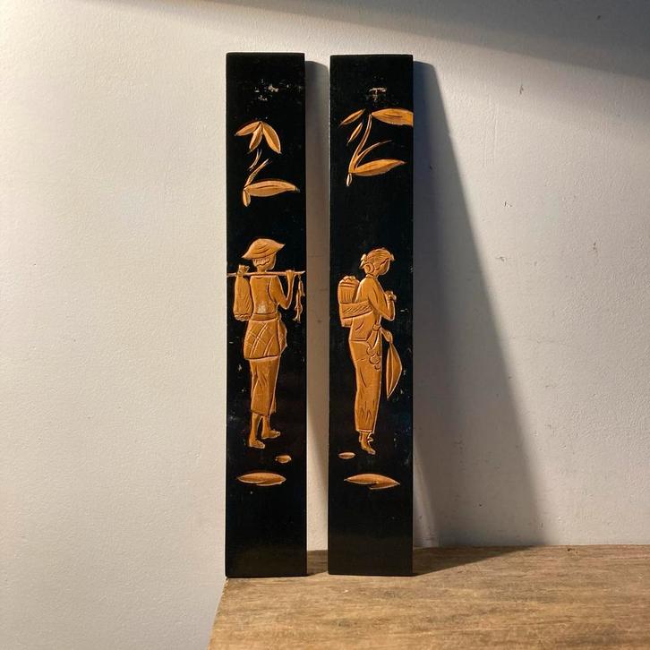 Vintage  Oosterse Houten Panelen met Vrouwenfiguren, Antiek en Kunst, Curiosa en Brocante, Ophalen of Verzenden