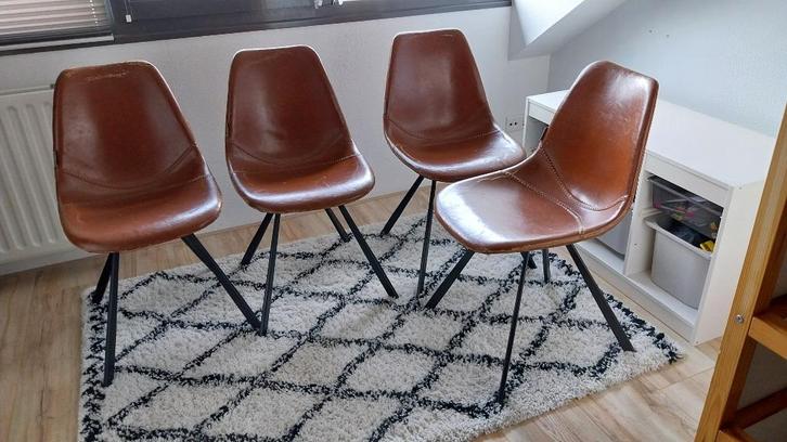 Dutchbone Franky 4 eetkamerstoelen, Huis en Inrichting, Stoelen, Gebruikt, Vier, Leer, Overige materialen, Bruin, Ophalen