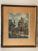 Vintage zijden print in kleur | Karlskirche Wien | 1900-1950, Antiek en Kunst, Kunst | Etsen en Gravures, Ophalen of Verzenden