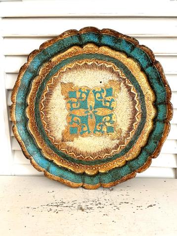 Vintage Florentijns dienblad hout rond goud met blauw 25 cm beschikbaar voor biedingen