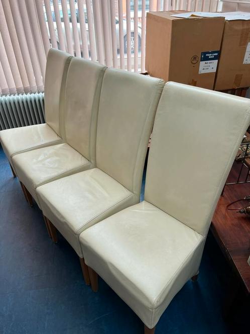 4 Leren Eetkamerstoelen (gebroken wit) met Hoge Rugleuning, Huis en Inrichting, Stoelen, Gebruikt, Vier, Leer, Wit, Ophalen