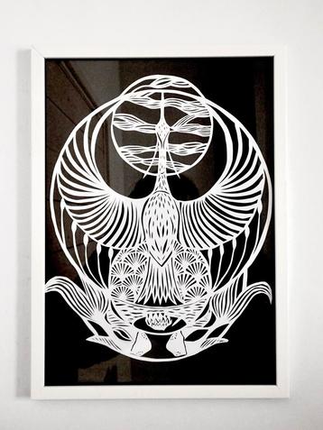 Vintage knipkunst Japan koikarper kraanvogel zwart wit lijst beschikbaar voor biedingen