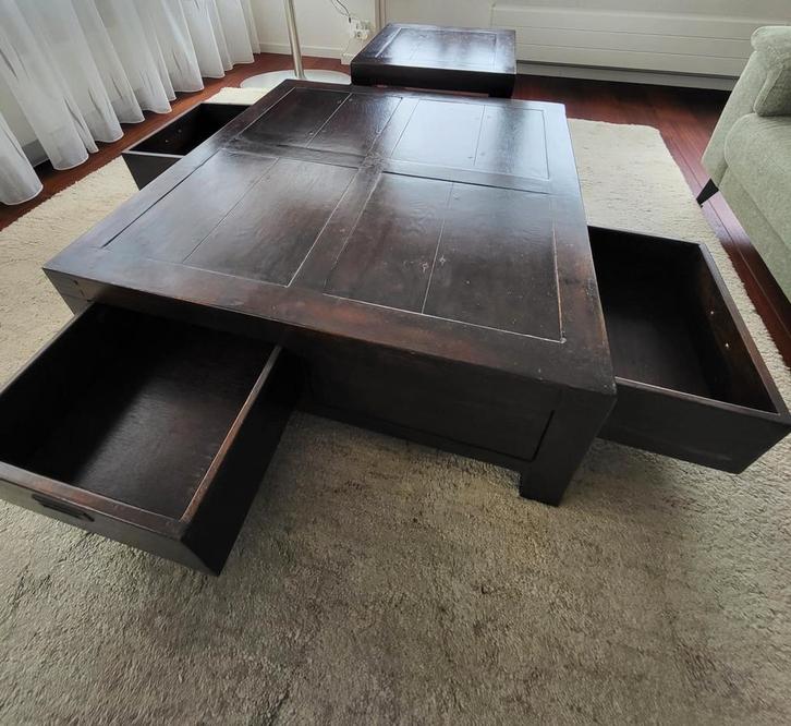 Goede kwaliteit: houten salontafel +  hoektafel + vloerkleed, Huis en Inrichting, Tafels | Salontafels, Gebruikt, Minder dan 50 cm