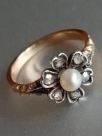 Prachtige antieke gouden ring met parel en 6 roosdiamanten, Ophalen of Verzenden, Goud, Ring, Met edelsteen