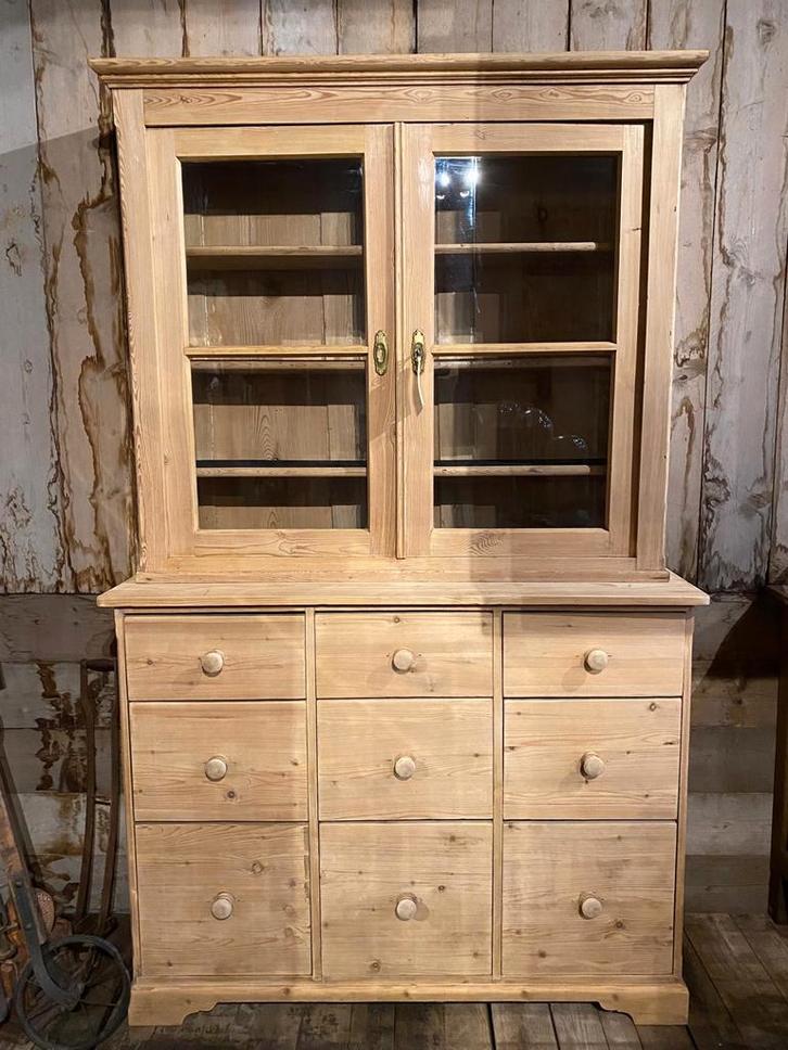 Landelijk oud grenen kast vitrine ladekast, Antiek en Kunst, Antiek | Meubels | Kasten, Ophalen