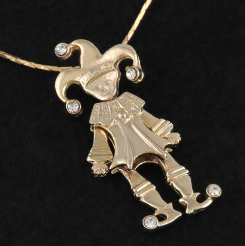 Clown hanger Pierrot ketting,, Sieraden, Tassen en Uiterlijk, Kettingen, Zo goed als nieuw, Goud, Goud, Met hanger, Met strass