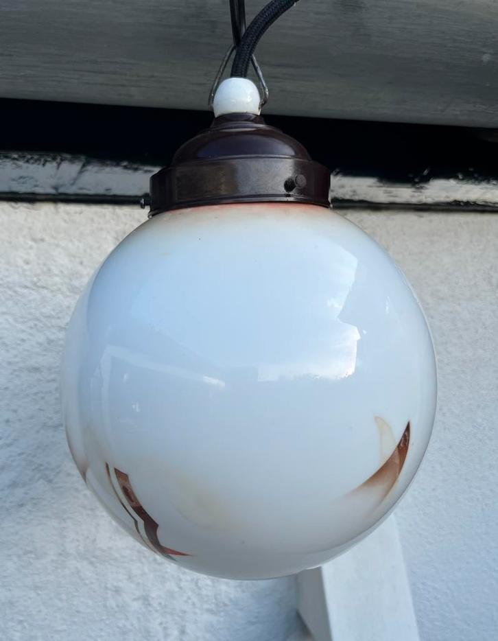 Vintage hang of plafondlamp glas met print oost europa, Huis en Inrichting, Lampen | Hanglampen, Gebruikt, Minder dan 50 cm, Glas