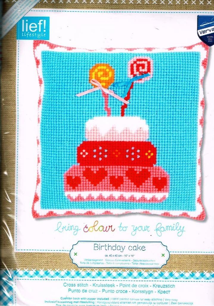 Cado opruiming lief borduurpakket  kussen birthday  cake, Hobby en Vrije tijd, Borduren en Borduurmachines, Nieuw, Borduurpakket