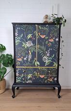 Unieke vintage barkast met botanische print, Huis en Inrichting, Kasten | Buffetkasten, 100 tot 150 cm, Vintage, Zo goed als nieuw