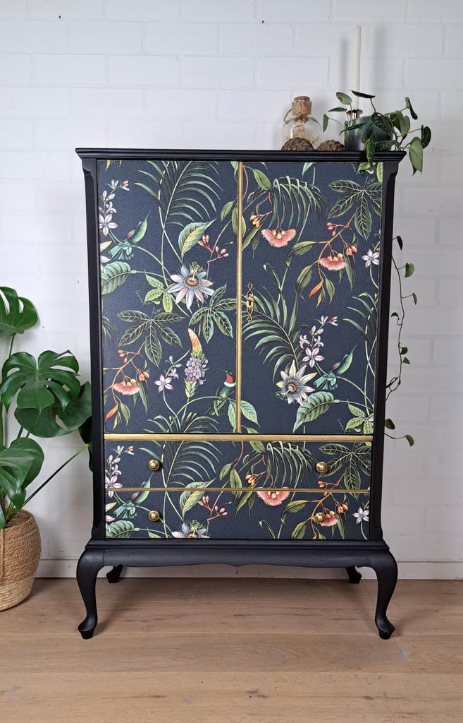 Unieke vintage barkast met botanische print, Huis en Inrichting, Kasten | Buffetkasten, Zo goed als nieuw, 100 tot 150 cm, 50 tot 100 cm
