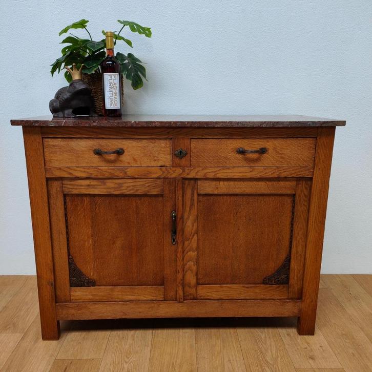 Vintage Frans dressoir commode, ladekast met marmer blad 105, Huis en Inrichting, Kasten | Ladekasten, Gebruikt, Eikenhout, Ophalen of Verzenden