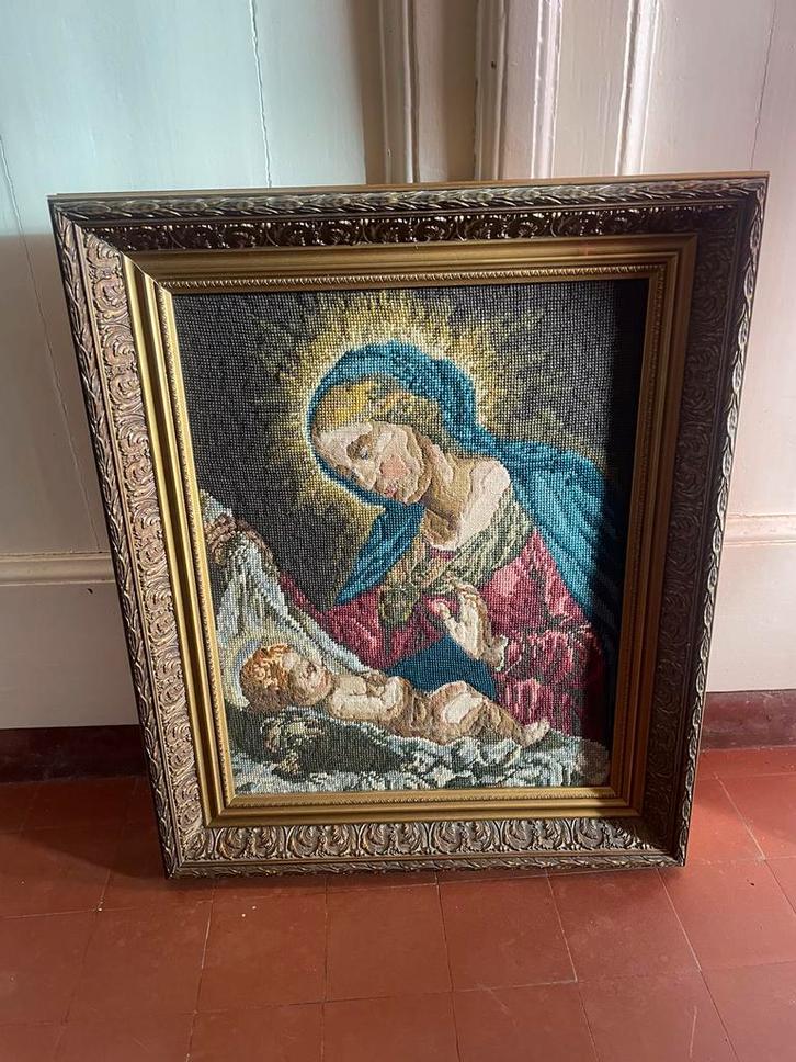 Vintage geborduurd schilderij Maria Jezus in sierlijke lijst, Antiek en Kunst, Kunst | Schilderijen | Klassiek, Ophalen of Verzenden