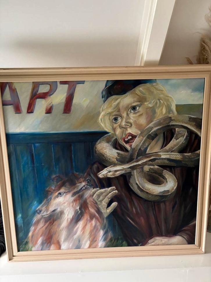 Twee Schilderijen: Jongen met slang & Huis, Antiek en Kunst, Kunst | Schilderijen | Klassiek, Ophalen