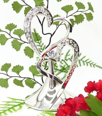 Luxe zilvergekleurde dubbel hart taarttopper met strass sten beschikbaar voor biedingen