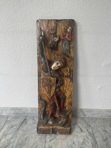 Houtsnijwerk Sint Joris & de Draak – Religieus wandpaneel beschikbaar voor biedingen