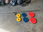 Halter stang met schijven gewichten, Sport en Fitness, Gebruikt, Stang, Ophalen of Verzenden, Met schijven