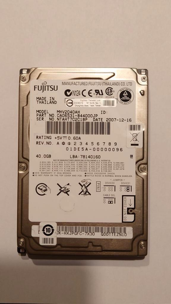 Fujitsu 40GB 5400rpm 2,5" IDE laptop harddisk, Computers en Software, Harde schijven, Gebruikt, Laptop, Intern, HDD, IDE, Ophalen of Verzenden